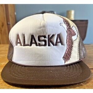 Vintage Alaska Snapback Hat Travel Souvenir Eagle Foam Trucker Brown Earth Tones